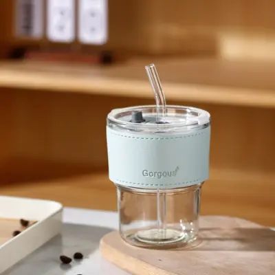 Trendy bambu pipetli kahve fincanı, mağaza promosyon hediyesi logolu baskılı cam su bardağı. - 10