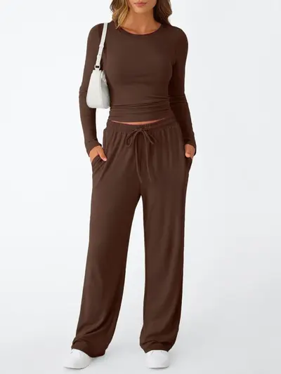 Women's Sports Yoga Set, Autumn Winter Solid Color Long Sleeve Round Neck - 11