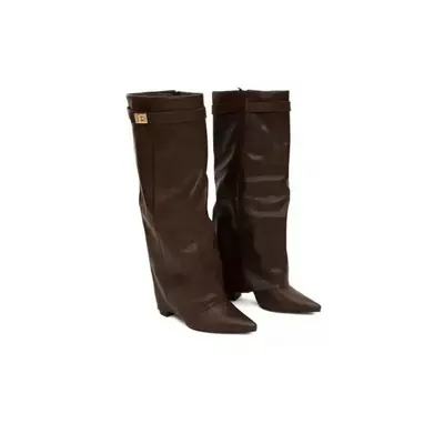 Women's Pointed Toe Tall Boots with Metal Buckle, Chunky Heel, Plus Size - 12