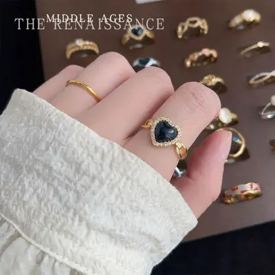 Vintage Enamel Zircon Ring Adjustable Tiger Eye Stone