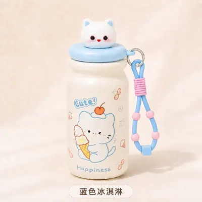 Sevimli KT Kedi Desenli 316 Paslanmaz Çelik Termos Bardak, Çay Bölmeli, Pipetli, 500 ml - 12