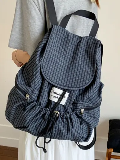 Korean-Style Lightweight Nylon Plaid Backpack, Large Capacity, Drawstring Tote - 4
