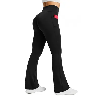 High-Waist Flared Yoga Pants for Women, Pockets, Stretchy Slimming Fitness Trousers