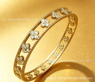 Four-leaf clover rhinestone bracelet, copper 18K gold plated, women's accessory - 7