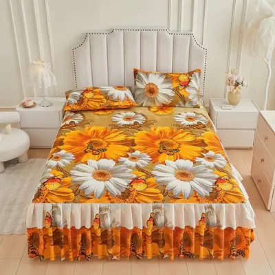 All-Season Fitted Bed Skirt Three-Piece Set, Full Mattress Cover - 9