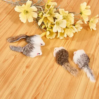 Cat Toy Rabbit Fur Mouse, Sand-Filled Squeaker, Two-Tone - 3