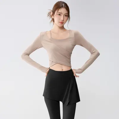 Women's Yoga Set with Built-in Chest Pads, Long Sleeve Faux Two-Piece Fitness Set - 8