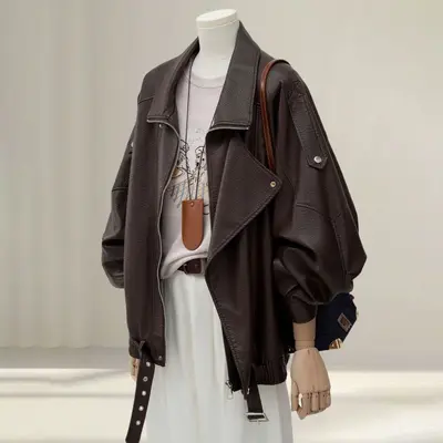 Plus Size Women's Brown Leather Jacket, Loose Fit, Autumn - 7