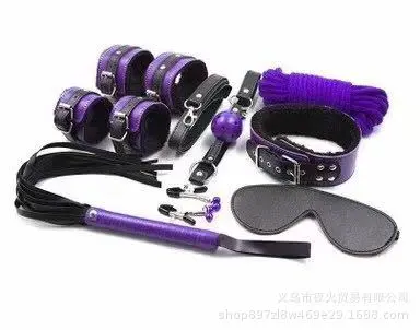 Black and Purple 8-Piece Adult Set with PU Leather Plush Handcuffs