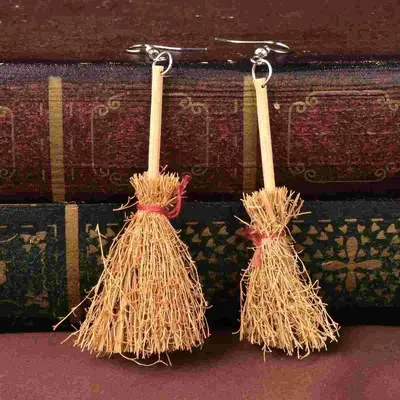 Halloween Broom Pendant Earrings, Ear Clips, Witch Design - 7