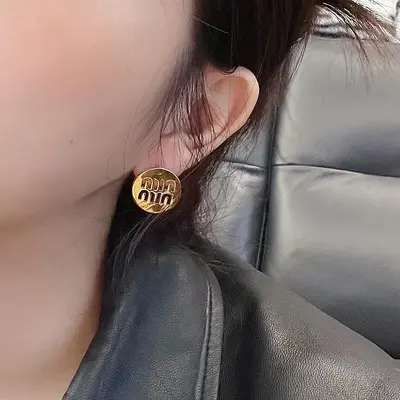 Gold-Plated Copper Stud Earrings, Shiny Gold Hollow Letter Circle Design