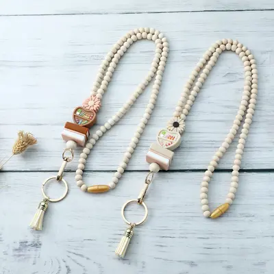 Wooden Bead Tassel Keychain and ID Badge Neck Lanyard