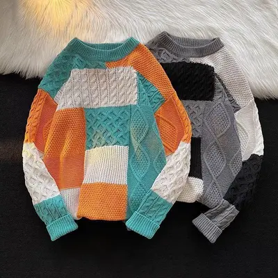 Herren Japan-Stil Strickpullover, Patchwork, Herbst/Winter, locker, Rundhals
