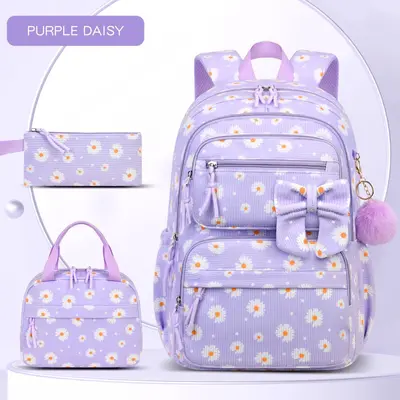 2026 Corduroy Three-Piece Backpack Set, Cherry Pattern, Large Capacity, Lightweight - 8