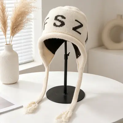 Letter-Design Knit Hat for Women, Windproof with Tassel and Ear Protection - 11