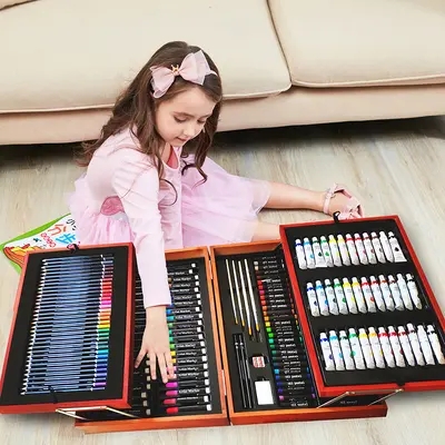 Chiyuan 174 adet ilkokul öğrencileri renkli baskı suluboya kalem boyama seti fırça mum boya ahşap kutu pigment boyama renkli kalem seti
