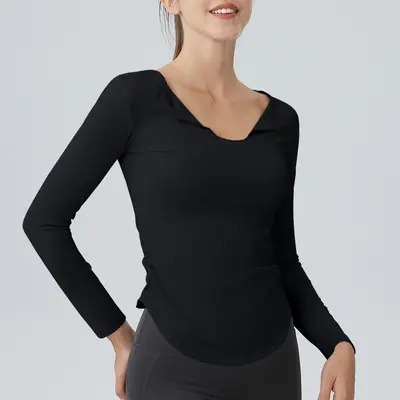Women's Long-Sleeve V-Neck Yoga Top, High Stretch, Quick-Dry Fabric - 7
