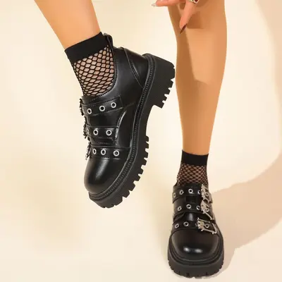 Thick-Sole Punk Style Metal Buckle Loafers, Plus Size, Spring 2026