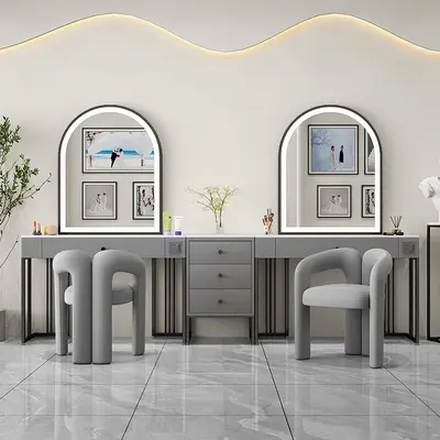 Cream-Style Studio Makeup Vanity Table with Lights - 11