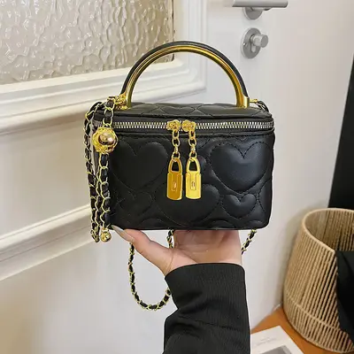Women's Chain Bag with Diamond-Quilted Cosmetic Bag and Shoulder Strap - 4
