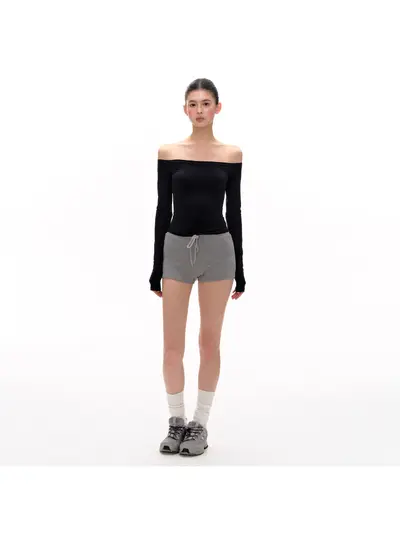Skims-Style Women's Long Sleeve T-Shirt, One-Shoulder Off-Shoulder, Double-Layer, Autumn 2