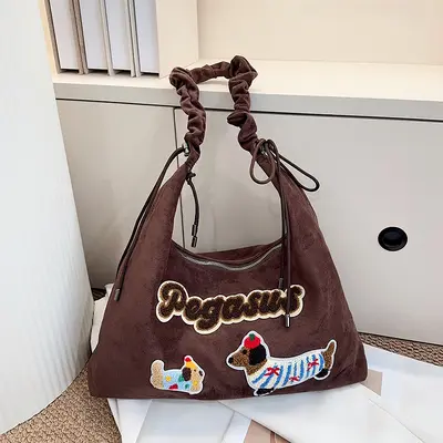 Suede Dachshund Appliqué Retro Preppy Single-Shoulder Bag for Women - 7