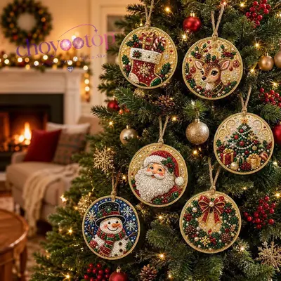 Round Wooden Christmas Diamond Painting Hanging Ornament Set, 6 Pieces