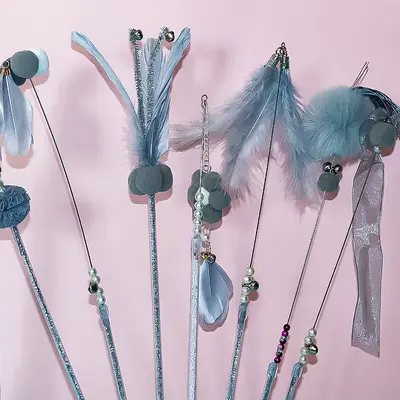 Feather Wire Cat Teaser Wand with Fur Ball and Bell, Long Pole - 5