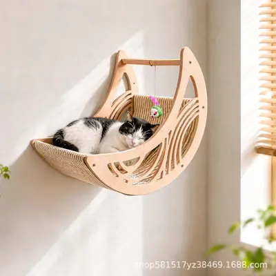 Wooden Cat Wall Shelf with Star and Moon Hammock Climbing Set - 8