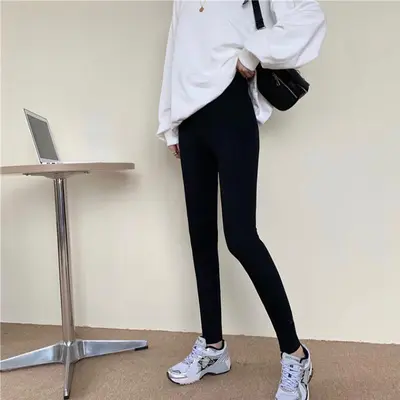 Women's Grey Thin Fleece Ribbed Leggings, Stretch, Plus Size - 7