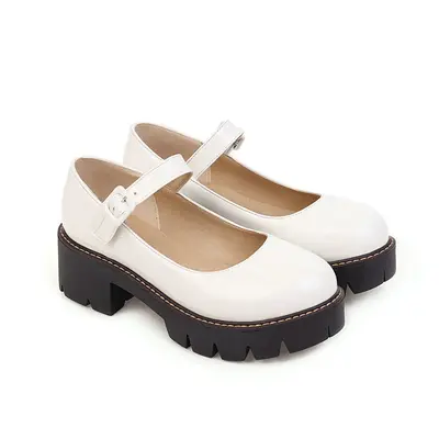 Thick-Soled Mary Jane Women's Shoes, Single Strap, Patent Leather, Buckle
