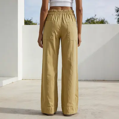 Damen-Sommerhose aus Baumwoll-Leinen, weites Bein, elastischer Bund, einfarbig