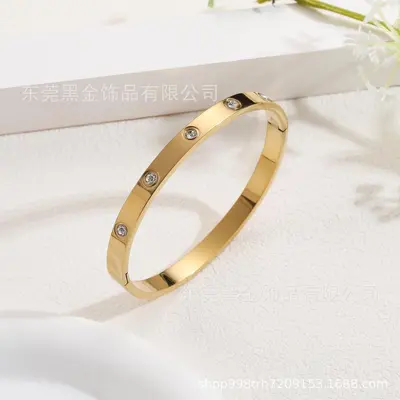 Titanium Steel Five-Leaf Flower Oval Diamond Bracelet, 18K Gold - 13