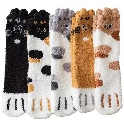 Kadın ev çorabı, mercan polar, kalın, kedi pençeli, dökülmeyen