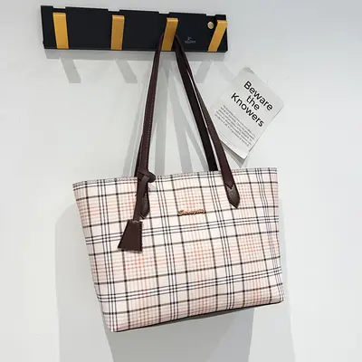 Plaid Print Tote Bag Set, 2 Pieces, Single Shoulder Strap - 9