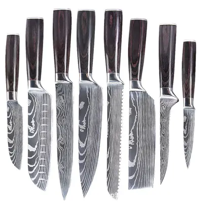 Şam deseni bıçak seti, renkli ahşap sap, şef, santoku