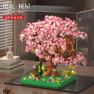 Pembe Kiraz Çiçeği Ağaç Evi Yapı Seti, DIY Dekoratif Obje, Zor Seviye