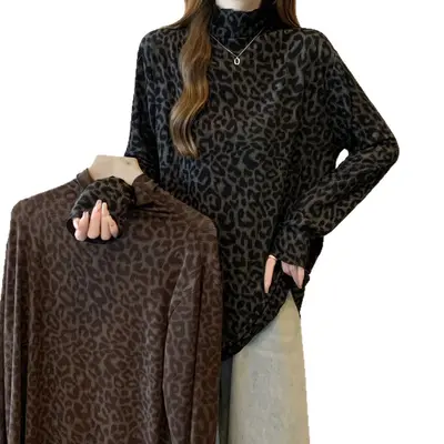 Damen-Langarmshirt mit Leopardenmuster, Halbrollkragen, große Größen, Herbst