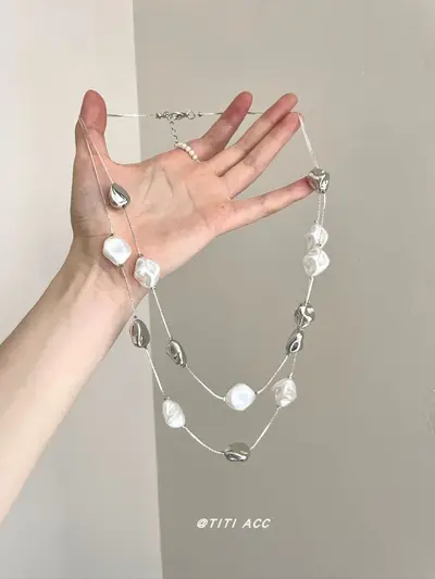Double-layer pearl necklace, vintage heavy sweater chain - 7