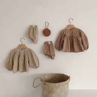 Korean-Style Baby Long-Sleeve Spring/Autumn Set with Plaid Puff-Sleeve Top