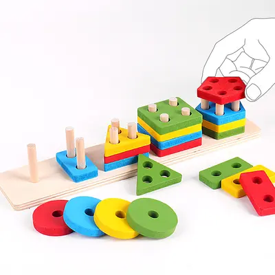 Montessori Five-Column Geometric Shape Matching 3D Wooden Puzzle - 3