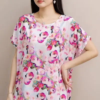 Große Größe Damen-T-Shirt mit Print, kurzarm, locker geschnitten, Viskose-Seidenmischung - 10