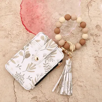 Floral PU Leather Women's Card Holder Wallet with Silicone Bead Bracelet - 11