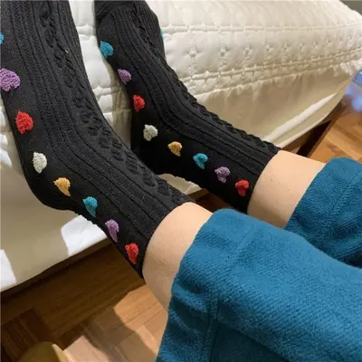 Korean Women's Mid-Calf Socks, Embossed Heart Pattern, Colorful - 4