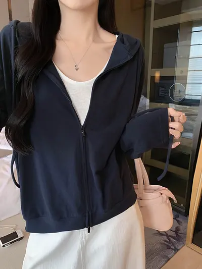 Kapuzen-Reißverschluss-Sweatshirtjacke für Damen, Frühling und Herbst, locker geschnitten