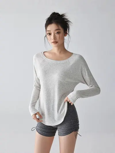 慵懒感瑜伽长袖性感宽松圆领打底衫休闲运动舞蹈瑜伽服速干T恤女 - 2