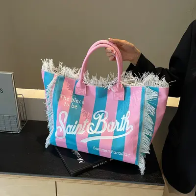 2026 New Large Capacity Beach Bag Women's Handbag Tote Bag Handmade Tassel Printed Commuter Single Shoulder Bag