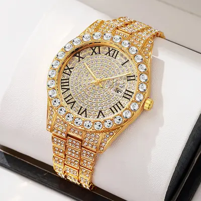 Damen-Quarzuhr mit Edelstahlband, Kalender und Strass - 3