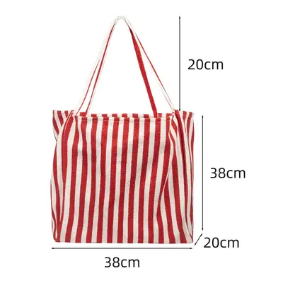 Women's striped canvas bag, single shoulder, large capacity canvas bag, simple and fresh style handbag, stylish and versatile. - 9