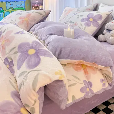 Grade A Milk Fleece Four-Piece Set Thickened Coral Fleece Double-Sided Flannel Quilted Duvet Cover Bed Sheet Fitted Sheet Three-Piece Bedding Set - 12